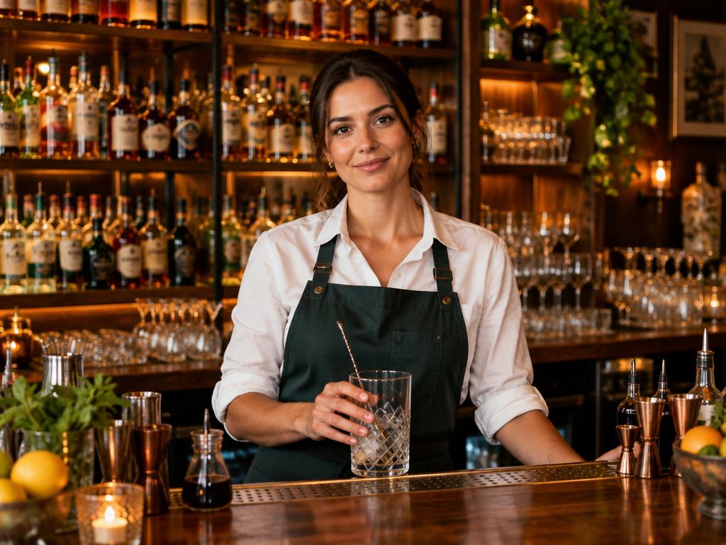 Bartender behind a warmly lit cocktail bar